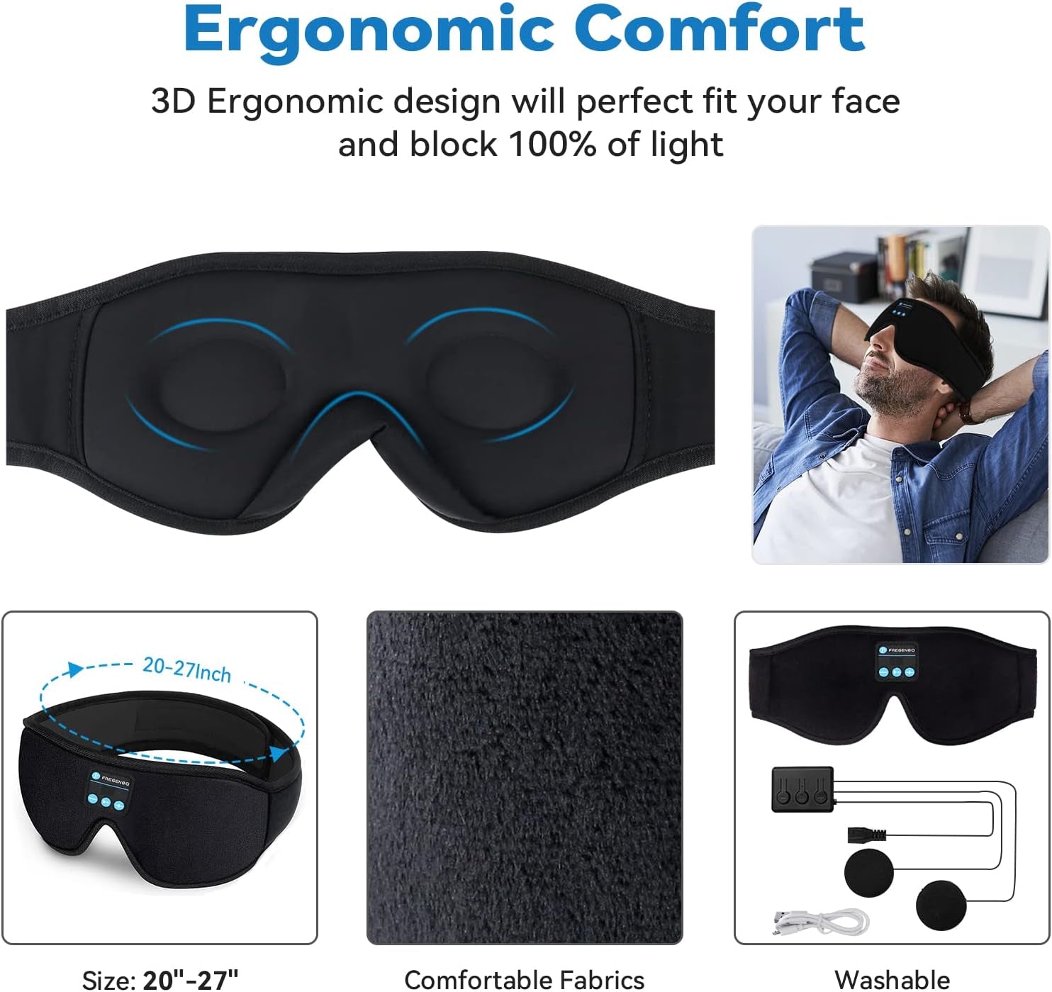 Sleep Headphones Eye Mask, 20-27 Adjustable Music 3D Sleep Mask Upgraded, Wireless Sleeping Headphones for Side Sleepers, Handsfree for Meditation Insomnia Travel(Black)