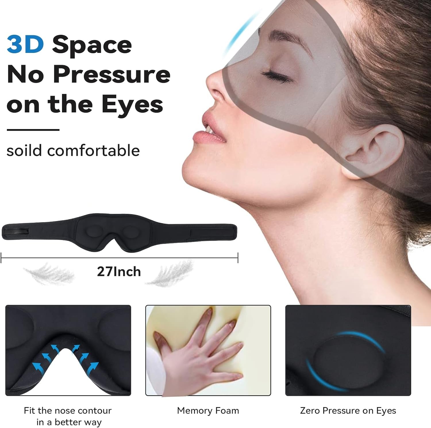 Sleep Headphones Eye Mask, 20-27 Adjustable Music 3D Sleep Mask Upgraded, Wireless Sleeping Headphones for Side Sleepers, Handsfree for Meditation Insomnia Travel(Black)